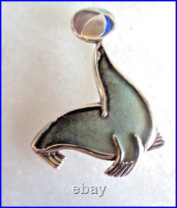 Unusual Scottish Sterling Silver & Enamel SEALION Brooch C. 1980s Norman Grant