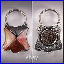 Unusual Victorian PADLOCK MOURNING LOCKET Scottish Agate Braided Hair 925 Silver