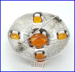 V Large Victorian Scottish Silver & Glass Brooch Kilt Pin Thistle Celtic Shield