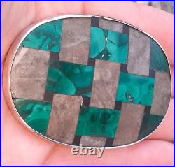 VICTORIAN SCOTTISH SILVER Malachite and Granite Brooch Woven Effect 55mm x 40mm