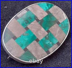 VICTORIAN SCOTTISH SILVER Malachite and Granite Brooch Woven Effect 55mm x 40mm