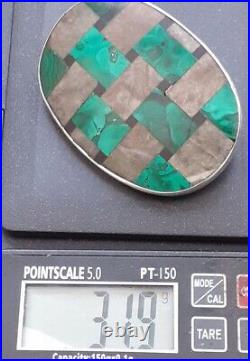 VICTORIAN SCOTTISH SILVER Malachite and Granite Brooch Woven Effect 55mm x 40mm