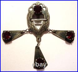VTG Scottish Luckenbooth Heart Pin Red Rhinestones 3 Danglers Sterling Silver