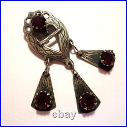 VTG Scottish Luckenbooth Heart Pin Red Rhinestones 3 Danglers Sterling Silver