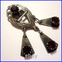 VTG Scottish Luckenbooth Heart Pin Red Rhinestones 3 Danglers Sterling Silver
