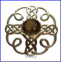 Very Nice Sterling Silver & Citrine Celtic Scottish Brooch Good Sized Brooch