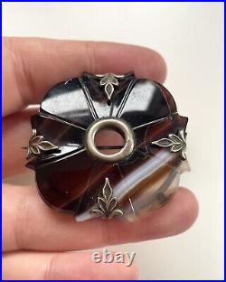 Victorian Antique Celtic Scottish Sterling Silver Banded Agate Brooch Pin 1.7