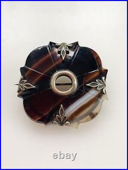 Victorian Antique Celtic Scottish Sterling Silver Banded Agate Brooch Pin 1.7