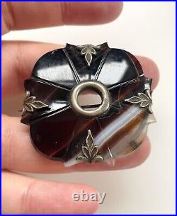 Victorian Antique Celtic Scottish Sterling Silver Banded Agate Brooch Pin 1.7