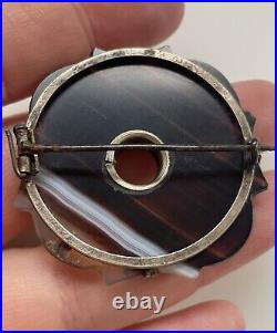 Victorian Antique Celtic Scottish Sterling Silver Banded Agate Brooch Pin 1.7