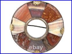 Victorian Antique Scottish Agate Sterling Silver Circle 1 7/8 Pin Brooch
