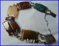 Victorian Carved Scottish Agates Silver Link Bracelet-7 1/2 Inches