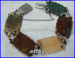 Victorian Carved Scottish Agates Silver Link Bracelet-7 1/2 Inches
