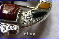 Victorian Handmade, Handchased Silver & Polished Agate, Shield Scottish Brooch