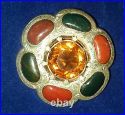 Victorian Scottish Agate Bloodstone Citrine Sterling Silver Brooch Pin Antique