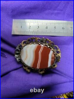 Victorian Scottish Agate Sample. Silver Gilt Brooch Early Example, Very Ornate