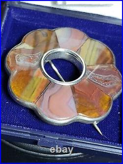 Victorian Scottish Agate Sample. Sterling Silver Brooch Early Example