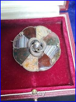 Victorian Scottish Agate Sample. Sterling Silver Brooch Early Example