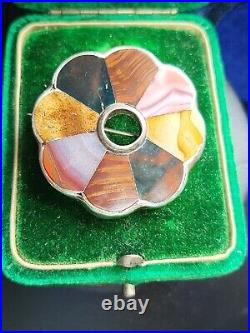 Victorian Scottish Agate Sample. Sterling Silver Brooch Early Example