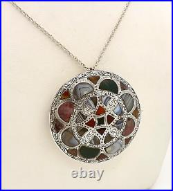 Victorian Scottish Agate Shield Sterling Silver Pendant Brooch Pin Large