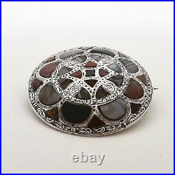 Victorian Scottish Agate Shield Sterling Silver Pendant Brooch Pin Large