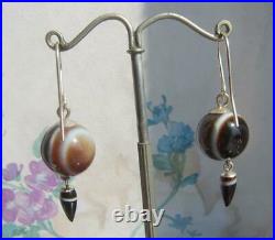 Victorian Scottish Banded Agate Sphere Drop Earrings 925 Sterling Silver Hooks