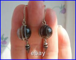 Victorian Scottish Banded Agate Sphere Drop Earrings 925 Sterling Silver Hooks