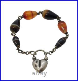 Victorian Scottish Banded & Red Agate Sterling Silver Heart Bracelet Antique