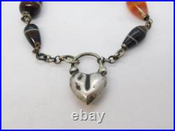 Victorian Scottish Banded & Red Agate Sterling Silver Heart Bracelet Antique