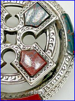 Victorian Scottish Chased Sterling Silver Jasper Celtic Cross Brooch Ca. 1880