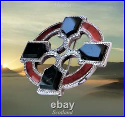 Victorian Scottish Etched Sterling Silver Celtic Cross Agate Mix Brooch