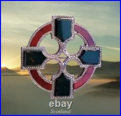 Victorian Scottish Etched Sterling Silver Celtic Cross Agate Mix Brooch