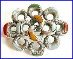 Victorian Scottish Lovers Knot Pebble Antique Brooch Sterling Multi Stone c1880