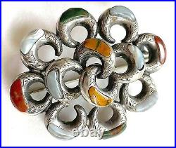 Victorian Scottish Lovers Knot Pebble Antique Brooch Sterling Multi Stone c1880