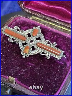 Victorian Scottish Silver Red Agate Cruciform Brooch Cloak Pin Fully Hallmarked