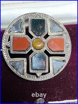 Victorian Scottish Silver Red Agate & Jasper Cross Brooch Crusiform Cloak Pin