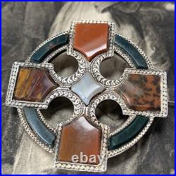 Victorian Scottish Silver Red Agate & Jasper Cross Brooch Crusiform Cloak Pin