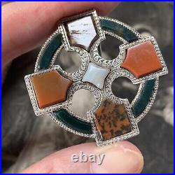 Victorian Scottish Silver Red Agate & Jasper Cross Brooch Crusiform Cloak Pin