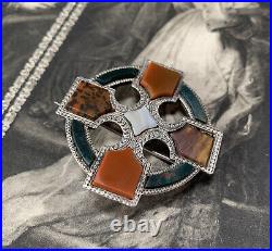 Victorian Scottish Silver Red Agate & Jasper Cross Brooch Crusiform Cloak Pin