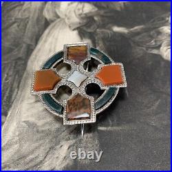 Victorian Scottish Silver Red Agate & Jasper Cross Brooch Crusiform Cloak Pin