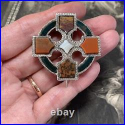 Victorian Scottish Silver Red Agate & Jasper Cross Brooch Crusiform Cloak Pin