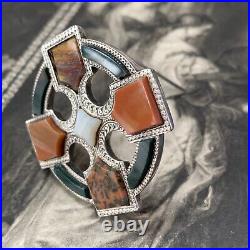 Victorian Scottish Silver Red Agate & Jasper Cross Brooch Crusiform Cloak Pin