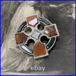 Victorian Scottish Silver Red Agate & Jasper Cross Brooch Crusiform Cloak Pin