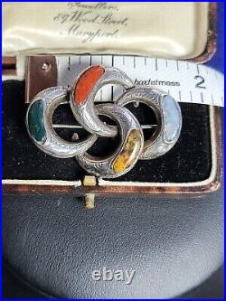 Victorian Scottish Silver knot with 4 Colours of Agate Brooch Cloak Pin