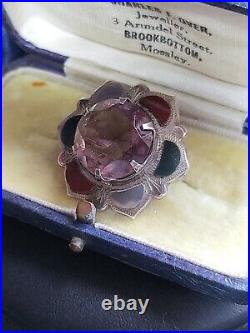 Victorian Scottish Silver with Large Amaythist Glass, Red Agate & Jasper Brooch
