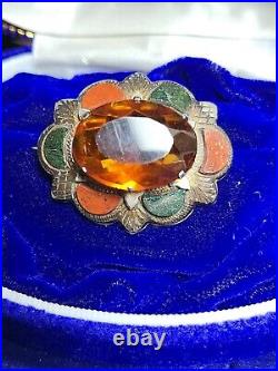 Victorian Scottish Silver with Large Citrine Red Agate & Jasper Brooch Cloak Pin