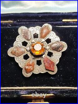Victorian Scottish Silver with Large Citrine Red Agate & Jasper Brooch Cloak Pin