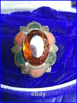 Victorian Scottish Silver with Large Citrine Red Agate & Jasper Brooch Cloak Pin