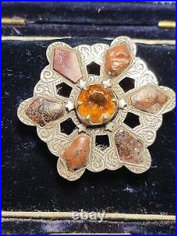 Victorian Scottish Silver with Large Citrine Red Agate & Jasper Brooch Cloak Pin
