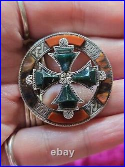 Victorian Scottish Specimen Agate Celtic Cross Silver Pebble Brooch Vgc